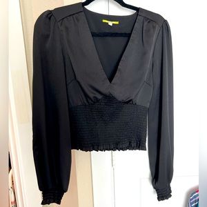 Gianni Bini Medium Black Ruched V Neck Long Sleeve Blouse Shirt